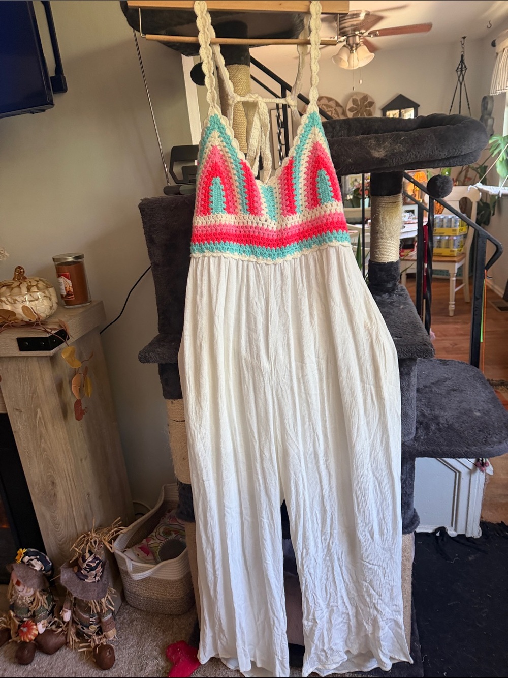 DAVI & DANI White Wide-Leg Jumpsuit with Pink and Turquoise Crochet Bodice